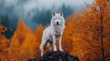 Majestic Arctic Wolf Standing on Rock in Autumnal Forest Landscape photo