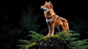 Majestic Red Wolf Standing on Mossy Rock in Dark Forest Wildlife Photography photo