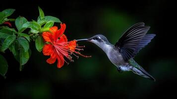 Hummingbird in Flight Feeding on Vibrant Red Flower Close up Photography photo