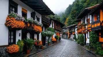 Picturesque Cobblestone Street in a Mountain Village with Colorful Flower Adorned Houses photo