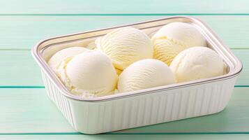 Delicious Creamy Vanilla Ice Cream Scoops in a White Container on a Mint Green Wooden Background photo