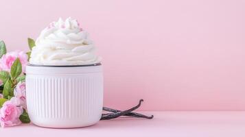 Delicious Vanilla Ice Cream in White Bowl with Pink Roses and Vanilla Beans photo