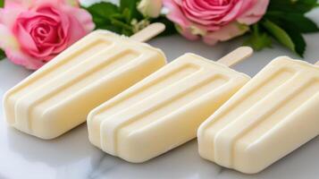 Creamy Vanilla Ice Popsicles on Marble Background with Pink Roses Refreshing Summer Treat photo