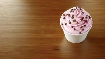 Delicious Pink Frozen Yogurt with Chocolate Chips in a Cup on Wooden Background photo