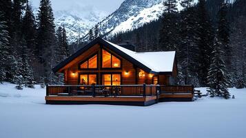 Cozy Illuminated Log Cabin in Snowy Mountain Winter Wonderland photo