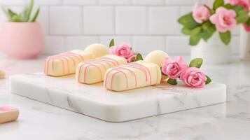Elegant Vanilla Ice Cream Bars Decorated with Pink Drizzle and Roses on Marble Board photo