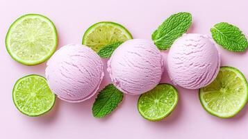Delicious Pink Lime Ice Cream Scoops with Fresh Mint Leaves on Pink Background photo