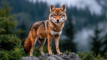 Majestic Red Wolf Standing on Rock in Mountain Forest Landscape photo