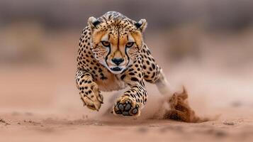 Cheetah Running Through Desert Sand Close Up Wildlife Action Shot photo