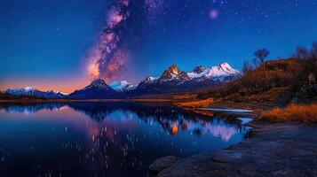 Majestic Milky Way Galaxy Over Serene Mountain Lake and Snow Capped Peaks at Night photo