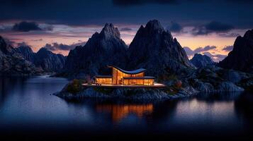 Modern Luxury Lakeside House at Dusk Mountain Range View Scenic Architecture photo