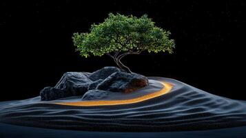 Serene Bonsai Tree on Dark Sand Dune with Glowing Path Zen Garden Minimalist Scene photo