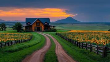 Scenic Sunset View of Log Cabin Home in Sunflower Field with Mountain Background photo