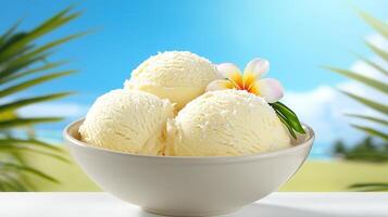 Creamy Coconut Ice Cream Scoops in Bowl Tropical Beach Background photo