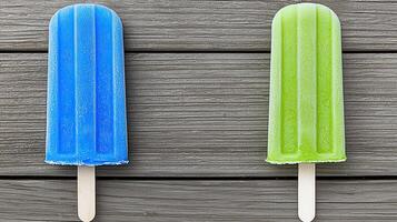 Refreshing Blue and Green Popsicles on Rustic Wooden Background Summer Treats photo