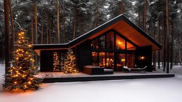 Cozy Winter Cabin Getaway Illuminated Christmas Trees Snow Covered Deck Forest Setting photo