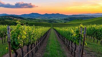 Serene Sunset Vineyard Landscape Rolling Hills Lush Grapevines and Golden Hour Light photo