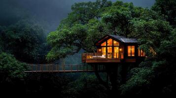 Luxurious Treetop Cabin at Night with Suspension Bridge Forest Setting photo