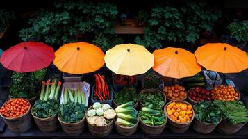Vibrant Asian Market Stall Display with Colorful Umbrellas and Fresh Produce photo