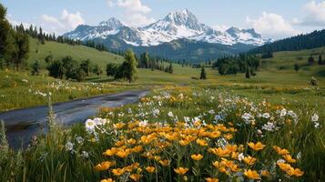 Scenic Spring Meadow Landscape with Wildflowers and Majestic Mountains photo