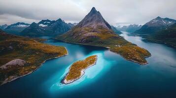 Stunning Aerial View of Fjord Island and Mountains in Norway photo