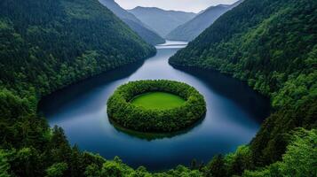 Serene Green Island in a Curving River Valley Lush Forest Landscape Photography photo