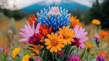 Vibrant Wildflower Bouquet Closeup Colorful Summer Blooms Mountain Background photo