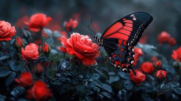 Red Butterfly on a Red Rose in a Garden of Roses Nature Photography photo