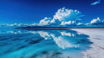 Stunning Sky Reflection on Calm Turquoise Salt Flat Lake with White Shoreline and Distant Mountains photo