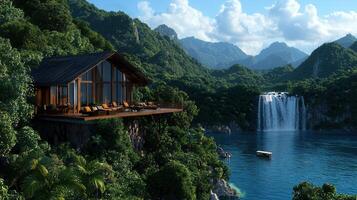 Luxurious Mountaintop Villa with Waterfall View Tropical Getaway photo
