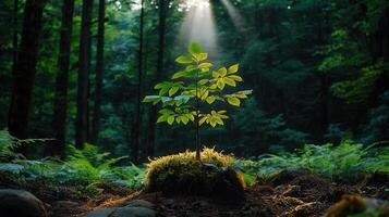 Young Sapling Tree Growing in Forest Sunlight Nature Scene Environmental Conservation photo
