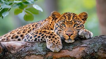 Majestic Leopard Resting on Tree Branch in Lush Green Forest photo