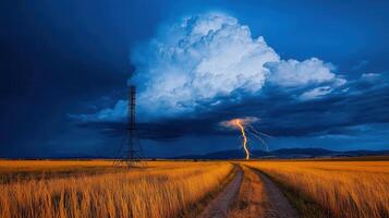 Dramatic Lightning Strike over Golden Wheat Field with Powerline and Storm Clouds photo