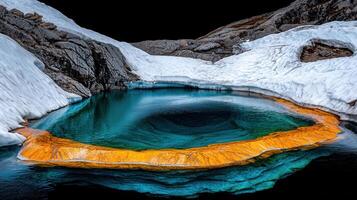 Stunning Turquoise Alpine Lake with Orange Mineral Deposits and Snow photo