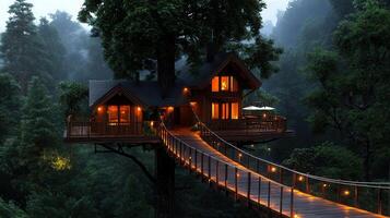 Luxurious Treetop Cabin Getaway with Suspension Bridge at Night in Lush Forest photo
