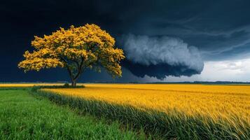 Dramatic Storm Clouds Over Golden Wheat Field with Yellow Tree photo