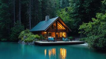 Luxurious Lakeside Log Cabin Retreat in a Secluded Forest at Dusk photo
