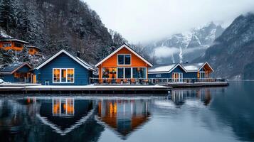 Stunning Winter Lakeside Cabins Snow Covered Mountains Scenic View photo
