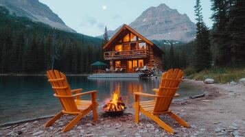 Lakeside Log Cabin Getaway Cozy Fire Pit Adirondack Chairs Mountain View photo