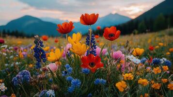 Vibrant Wildflower Meadow Landscape with Colorful Blooms and Mountain Background photo
