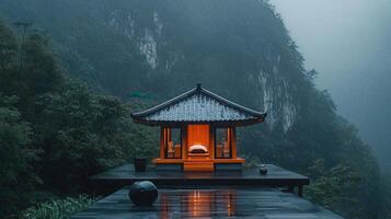 Serene Asian Pavilion in Rain Mountain Landscape Tranquil Nature Scene photo