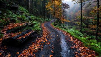 Scenic Autumn Road Colorful Leaves Forest Path Misty Fall Landscape photo