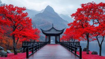 Serene Autumn Landscape Red Maple Trees Pagoda Wooden Bridge Mountain Scenery photo