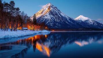 Majestic Winter Mountain Lake Landscape at Dusk Snow Covered Peaks Reflected in Calm Water photo