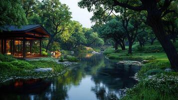Serene Lakeside Pavilion in Lush Green Garden Tranquil Asian Style Architecture photo