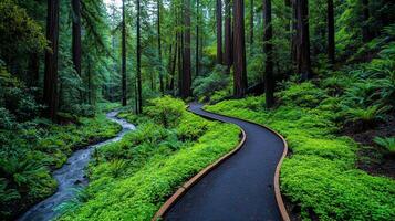 Serene Redwood Forest Path Winding Trail Lush Greenery Creekside Walk photo