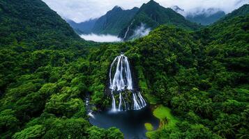 Lush Tropical Waterfall Cascading Through Verdant Rainforest Mountains photo