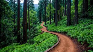 Serene Winding Path Through Lush Redwood Forest Nature Trail Hiking Green Ferns photo