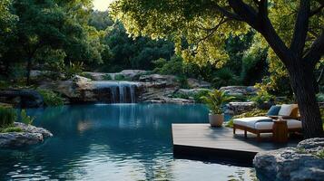 Serene Poolside Relaxation Waterfall Deck and Lush Tropical Landscape photo