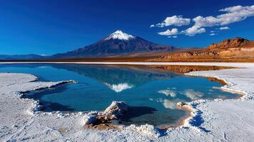 Stunning Andean Volcanic Landscape with Salt Flats and Mountain Reflection in Turquoise Lake photo